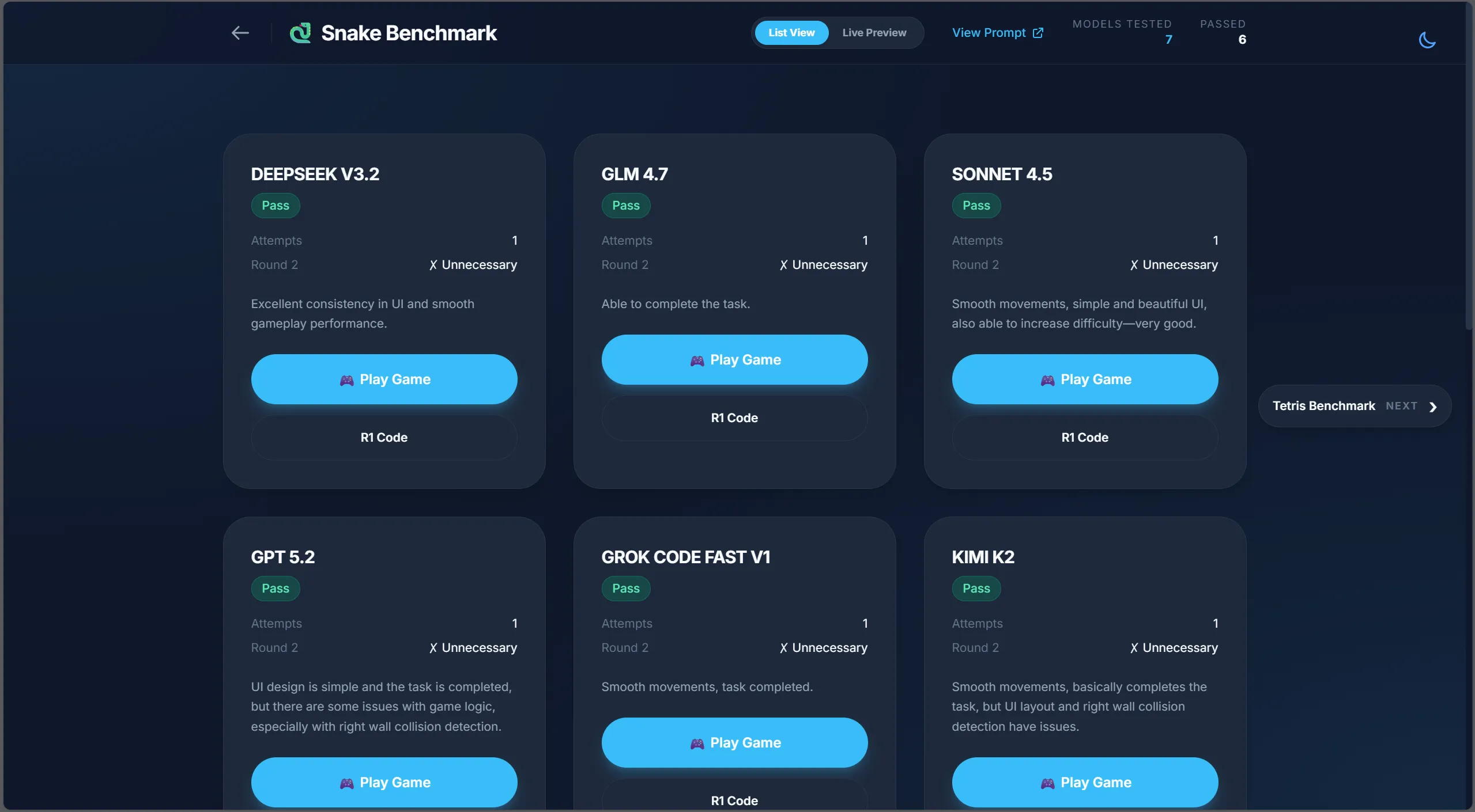 Image Prompt: A split-screen web interface showing four different versions of Tetris running simultaneously, each labeled with a different AI model name like GPT-4, Claude 3.5, Gemini, etc.