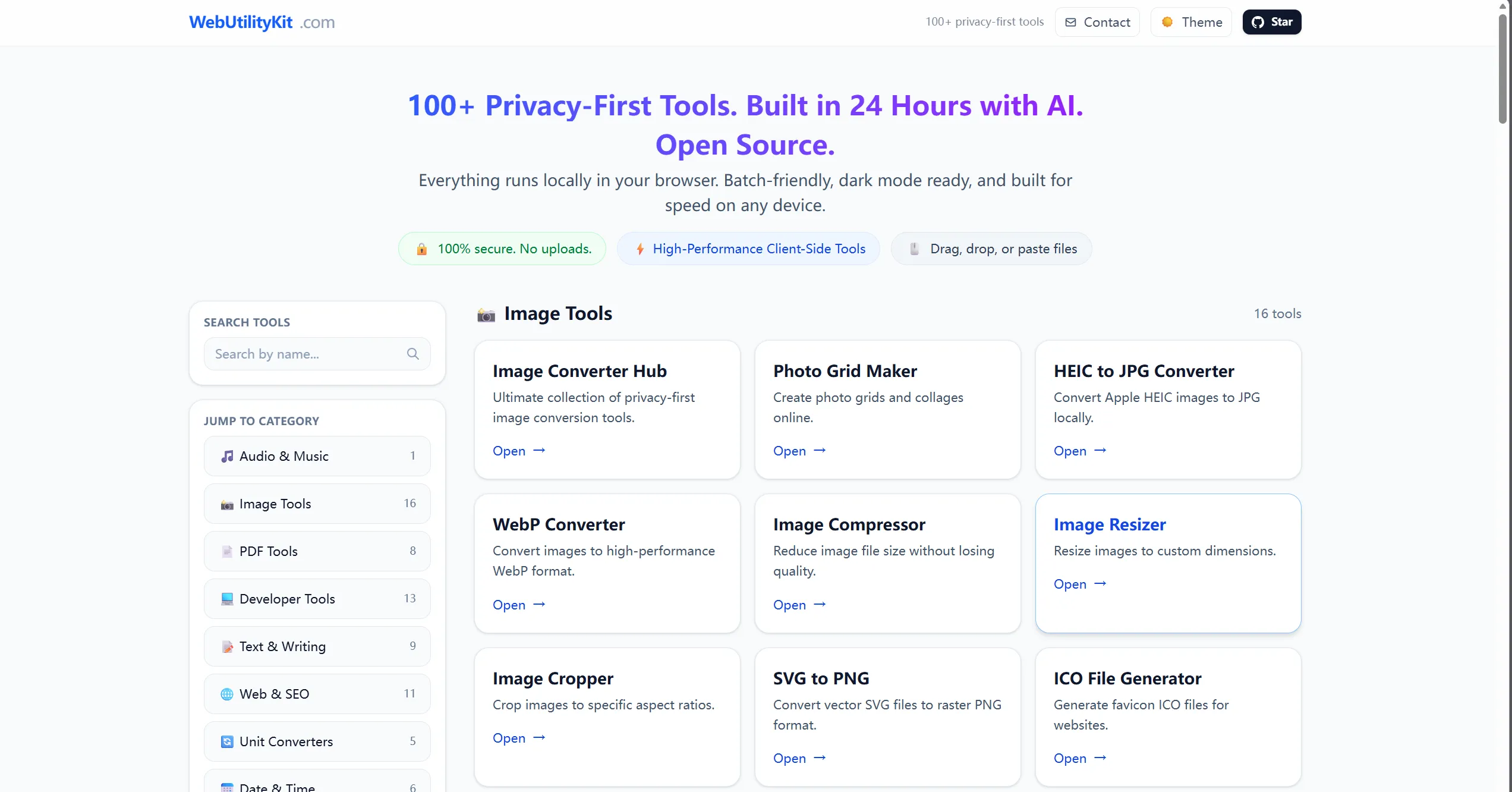 Image Prompt: Screenshot of the WebUtility homepage showing a grid layout of various frontend tool icons