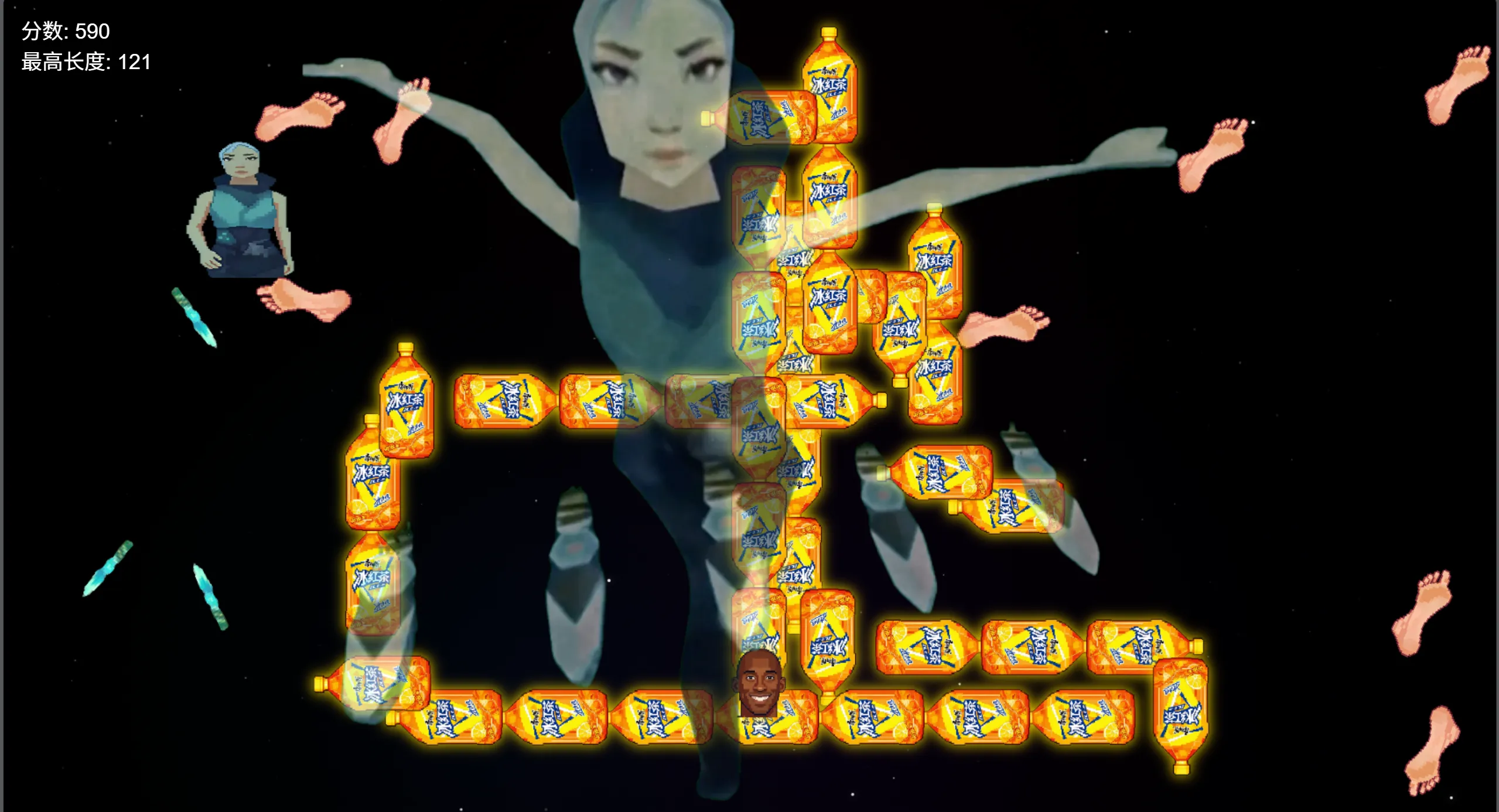 Image Prompt: A chaotic game interface of Snake where the snake head is a popular Bilibili meme face, eating other meme icons instead of apples, set against a glitchy or humorous background.