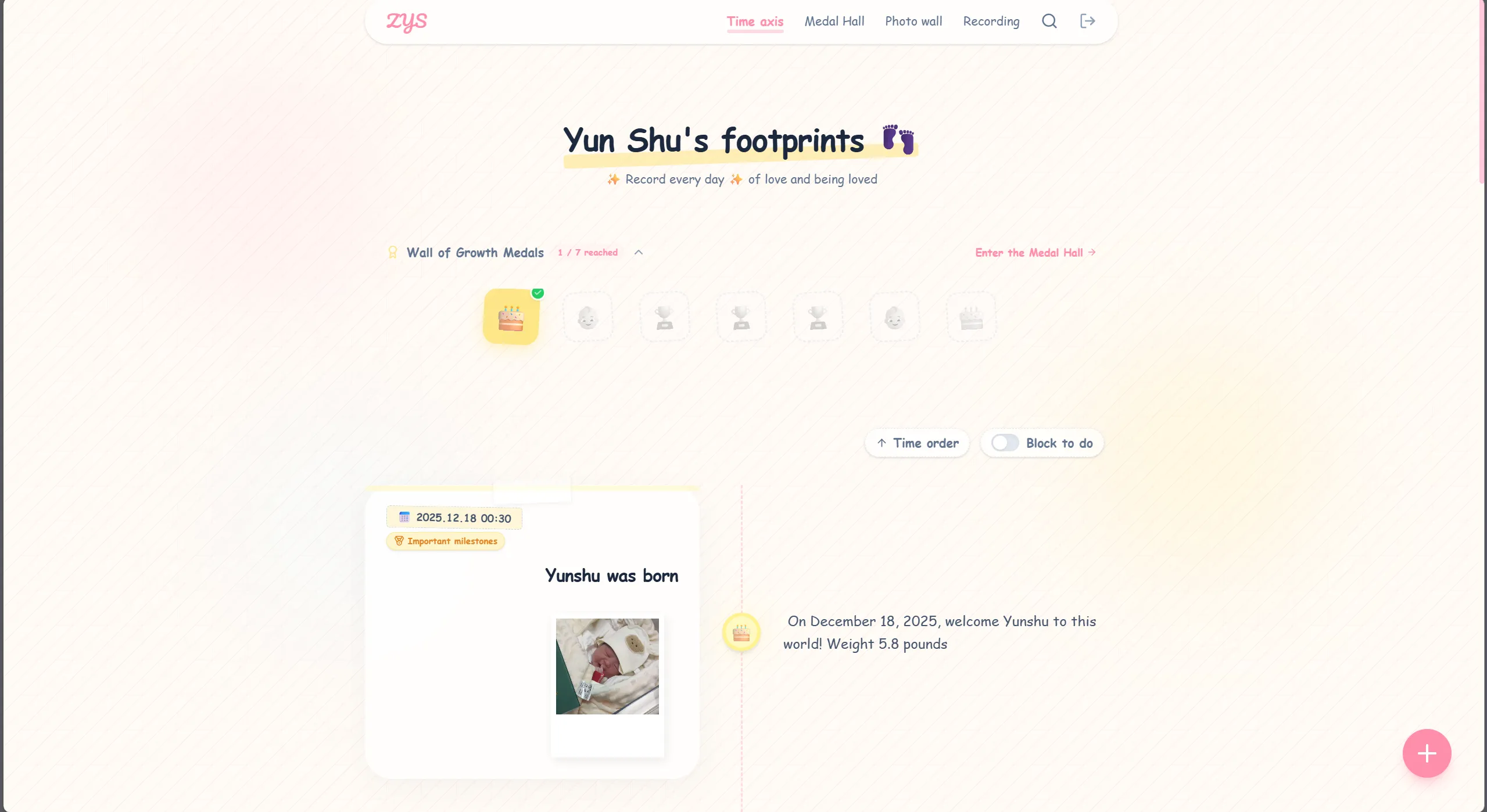 Image Prompt: A soft, warm-toned web interface showing a baby's timeline with photos and diary entries, displayed on both desktop and mobile, emphasizing simplicity and privacy.