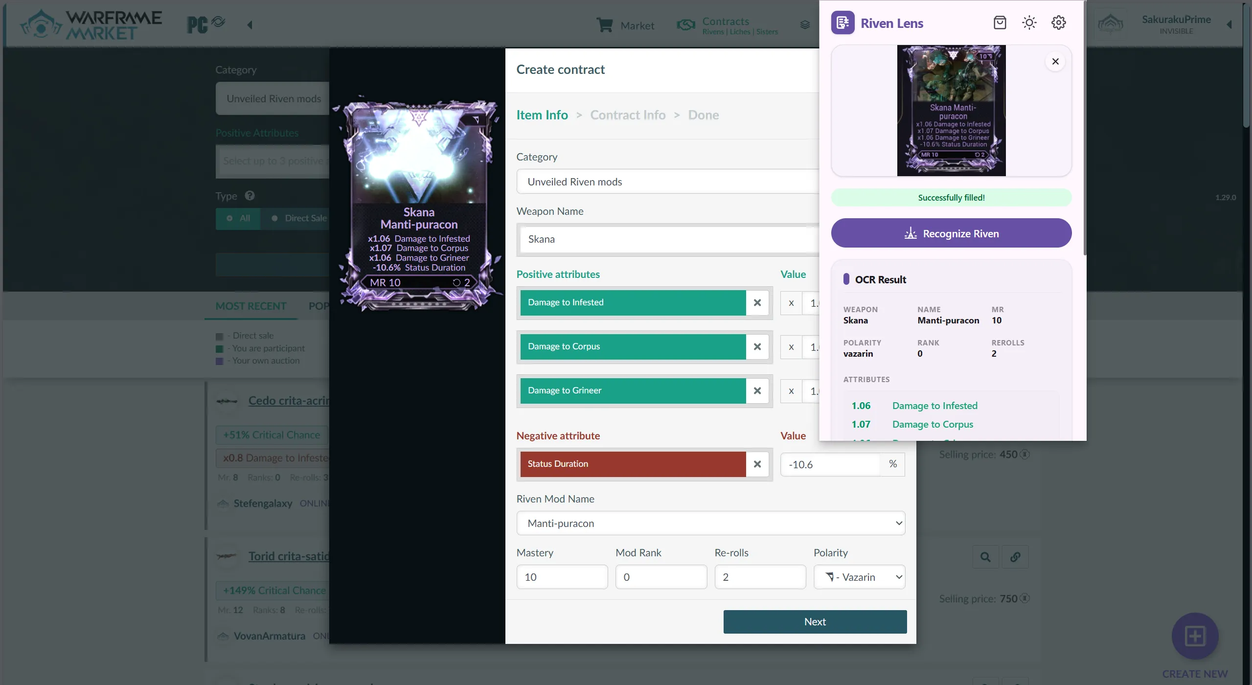Image Prompt: A split-screen comparison showing a Warframe Riven mod screenshot on the left and the warframe.market auction form being automatically filled on the right, with OCR extraction happening in between.